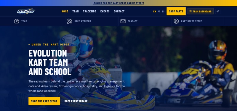 Evolution Kart School homepage screenshot